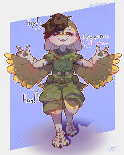 anthro avian_feet biped brown_body brown_feathers brown_hair cheek_tuft claws clothed clothing countershade_face countershading dialogue facial_tuft feathered_wings feathers grey_body grey_countershading grey_feathers hair humor looking_at_viewer male military_jacket military_uniform open_mouth open_smile pawpads plushie short_hair smile solo talking_to_viewer text tongue tuft uniform winged_arms wings xperimentss avali 2025 4:5 absurd_res english_text hi_res