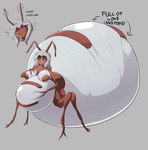 4_legs antennae_(anatomy) anthro arthropod_abdomen belly big_belly big_breasts big_butt black_sclera blue_eyes breasts brown_body butt directional_arrow fangs female grey_hair hair huge_belly huge_breasts huge_butt hyper hyper_belly hyper_butt obese obese_anthro obese_female overweight overweight_anthro overweight_female simple_background smile solo teeth text white_body veryfilthything ant arthropod hymenopteran insect english_text hi_res