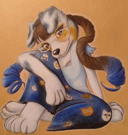 anthro blue_hair bottomwear brown_eyes clothing eyewear female glasses hair long_hair looking_at_viewer multicolored_body paws simple_background sitting skirt smile smiling_at_viewer solo loobylewds australian_shepherd canid canine canis domestic_dog herding_dog mammal pastoral_dog sheepdog absurd_res colored_pencil_(artwork) hi_res traditional_media_(artwork)