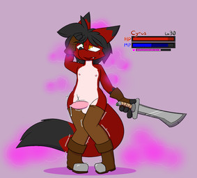 anthro bodily_fluids boots clothing femboy flustered footwear game_ui gameplay_mechanics genital_fluids genitals gui health_bar heterochromia leaking_precum leggings leggings_only legwear legwear_only male melee_weapon nipples penis pheromones precum shaking_legs shoes solo sword weapon nightfire cyrus_nightfire canid canine fox mammal hi_res