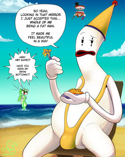 anthro beach blush bottomless bulge cheese clothed clothing cloud clown countershade_face countershade_torso countershading dairy_products dialogue eating eye_makeup female food for_a_head green_body hat headgear headwear holding_fork holding_object holding_plate looking_at_viewer macaroni macaroni_and_cheese male male_focus outside partially_submerged pasta plate pointy_hat sand sea sitting sky skyscape speech_bubble swimwear talking_to_viewer text water wet_tank_top white_body yellow_clothing yellow_swimwear moffboi glitch_productions the_amazing_digital_circus caine_(tadc) kaufmo_(tadc) ribbit_(tadc) amphibian frog humanoid object_head tooth_creature 4:5 absurd_res english_text hi_res