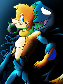 absorption_vore ambiguous_gender anthro athletic blue_background blue_eyes bodily_fluids clenched_teeth dark duo empty_eyes face_lick forced goo_transformation gradient_background grimace licking long_tongue looking_at_another looking_back male male/ambiguous saliva side_view simple_background slime standing sweat takeover teeth tongue tongue_out transformation vore white_eyes buizelcream marvel nintendo pokemon roie_(character) venom_(marvel) buizel generation_4_pokemon goo_creature pokemon_(species) symbiote 3:4 absurd_res hi_res