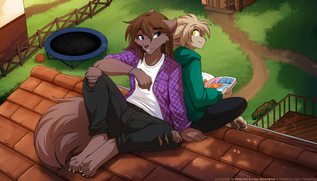 anthro biped bottomwear brown_body brown_fur brown_hair brown_tail claws clothed clothed_anthro clothed_female clothed_male clothing duo feet female fingers fully_clothed fully_clothed_anthro fully_clothed_female fully_clothed_male fur hair male sitting smile tail toes topwear conditional_dnp narikusha tom_fischbach twokinds keith_keiser natani basitin keidran mammal 2026 7:4 digital_drawing_(artwork) digital_media_(artwork) hi_res