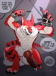4_toes 5_fingers abs animal_genitalia anthro balls bared_teeth big_balls big_penis big_sheath big_tail biped black_claws black_markings black_nose black_palms bodily_fluids bound claws cuff_(restraint) dialogue digitigrade dripping feet fingers fluffy fur genital_fluids genitals growling growth_lines knot light male markings metal_fangs moonlight multicolored_body multicolored_fur multicolored_penis muscular muscular_anthro muscular_male nude onomatopoeia open_mouth pecs penis precum precum_drip red_body red_fur restraints ridged_penis scar shackled shackled_wrists shackles sheath simple_background snarling solo sound_effects speech_bubble tail teeth text thick_thighs throbbing throbbing_penis toes transformation tuft two_tone_penis vein white_body white_fur yellow_eyes tozzmutt dagger_(defnotdagger) sergal werecreature absurd_res digital_media_(artwork) english_text hi_res