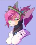 anthro armor clothed clothing female green_eyes green_nose green_pupils hair heterochromia pink_hair pupils purple_eyes purple_pupils simple_background solo aycee blizzard_entertainment overwatch ac_(aycee) mercy_(overwatch) chimera hybrid 2016 bust_portrait portrait