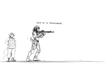 aiming aiming_gun aiming_rifle aiming_weapon anthro clothing dialogue duo female gun holding_gun holding_object holding_ranged_weapon holding_rifle holding_weapon knee_pads military_helmet military_uniform ranged_weapon rifle solo text uniform weapon hladilnik peggy_patterson samantha_thott canid canine canis domestic_dog fox mammal 2025 comic english_text hi_res monochrome sketch