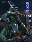 anthro armor armrest bent_arm beverage city dark_body detailed_background dialogue dirty drinking fence glistening glistening_body green_body green_eyes happy latex latex_body looking_at_viewer machine male metal metallic_body muscular muscular_anthro muscular_male night oil oil_can open_mouth outside science_fiction sign sky skyline smile solo speech_bubble station tail text tongue obfuscator cc-by-nc-nd creative_commons mythology vesper android dragon mythological_creature mythological_scalie robot scalie synth_(vader-san) 3:4 3d_(artwork) digital_media_(artwork) english_text hi_res