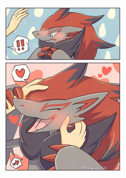 ambiguous_gender anthro blue_eyes bodily_fluids caressing_face claws crying exclamation_point eyes_closed fangs fur grey_body grey_fur group hair happy headpat heart_symbol open_mouth red_hair sad simple_background sweat tears tears_of_joy teeth tongue trio rocking_jjj nintendo pokemon generation_5_pokemon human mammal pokemon_(species) zoroark 2025 absurd_res comic hi_res signature