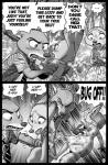 2019 anthro black_border bodily_fluids borba border canid canine clothed clothing comic disney ellipsis english_text fan_character female fight fox greyscale group hair hi_res homophobia homophobic_slur judy_hopps lagomorph leporid lol_comments looking_at_another male mammal monochrome necktie nick_wilde rabbit red_fox shay_(borba) speech_bubble sweat text true_fox yelling zootopia