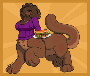4_toes belly belly_hair belly_tuft big_breasts big_butt big_feet big_hair body_hair breasts brown_body brown_fur butt clothing feet female female_taur fluffy fluffy_tail food fur hair hanging_belly hindpaw larger_taur looking_at_viewer mature_female motherly offering_food offering_to_viewer overweight overweight_female paws puffy_hair purple_clothing purple_sweater purple_topwear quadruped sandwich_(food) side_view size_difference slightly_chubby slightly_chubby_female solo standing sweater tail thick_tail thick_thighs toes topwear tuft wobble wobbling wobbly kennedy_oz prenya_(character) cat_taur domestic_cat felid felid_taur feline feline_taur felis mammal mammal_taur taur hi_res signature