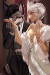 anthro black_eyebrows black_hair black_tie_(suit) boa_(clothing) bracelet breasts brown_body brown_fur brown_nose choker clawed_fingers clothed clothing crossdressing crown dress duo eyebrows eyelashes female female/female fur gem grey_body grey_fur hair headgear jewelry kissing_hand monster_girl_(genre) necklace pearl_(gem) pearl_necklace pink_eyes prick_ears purple_eyes ring scales short_hair side_boob snout suit tan_body tan_skin tassels tiara topwear vest white_body white_clothing white_dress white_fur white_hair white_scales jollux_(artist) asclepia catherine_pardinus animal_humanoid canada_lynx felid feline humanoid lynx mammal reptile reptile_humanoid scalie scalie_humanoid snake_humanoid 2021 absurd_res hi_res herm_(lore)