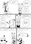 2016 anthro bernielover black_and_white canid canine clothed clothing comic dialogue disney duo ellipsis english_text eyewear female fox hi_res in_heat judy_hopps lagomorph leporid male mammal monochrome necktie nick_wilde outside police police_officer rabbit red_fox simple_background smile standing sunglasses text true_fox white_background zootopia