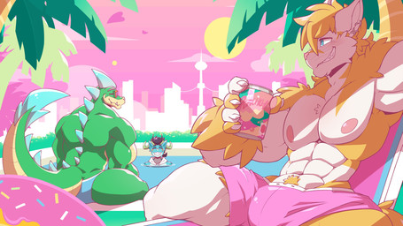 anthro beverage body_hair clothed clothing eyewear group happy_trail male male/male muscular nipples partially_clothed shirtless skimpy summer sunglasses swimming swimming_pool swimwear trio myiko furloid utau vocaloid yamaha_corporation mizube_wani waltt crocodile crocodilian domestic_cat felid feline felis mammal reptile scalie absurd_res hi_res