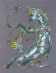 anthro blonde_hair blue_eyes breasts female flower fur grey_body grey_fur hair horn medium_breasts multicolored_hair nude plant solo two_tone_hair white_hair sandy_schreiber mythology apodiform avian bird equid equine hummingbird mammal mythological_creature mythological_equine ruby-throated_hummingbird unicorn grey_theme