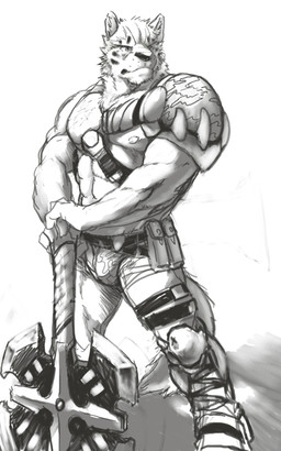 abs anthro axe barazoku biceps double_bitted_axe male melee_weapon muscular muscular_anthro muscular_male nipples pecs solo tail warrior weapon null-ghost canid canine mammal 5:8