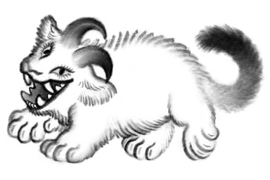 ambiguous_gender claws eyelashes feral fluffy fluffy_tail fur horn paws solo tail teeth ink-the-artist monster 2025 hi_res monochrome