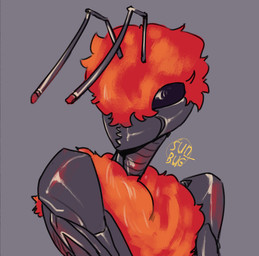 antennae_(anatomy) anthro black_body black_eyes compound_eyes exoskeleton female fur_collar grey_background hair mandibles red_hair simple_background solo sun_bug velvet_ant_(sun_bug) arthropod hymenopteran insect velvet_ant wasp hi_res portrait