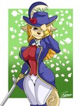 anthro big_breasts breasts brown_eyes clothed clothing female flower hair hat headgear headwear long_hair looking_at_viewer melee_weapon musketeer orange_hair plant rose_(flower) simple_background smile solo sword uniform weapon yellow_body reymonrr one_piece wanda_(one_piece) canid canine canis domestic_dog mammal minkmen_(one_piece) absurd_res hi_res