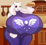 anthro big_breasts breasts clothing delta_rune_(emblem) female floppy_ears food horn huge_breasts hyper hyper_breasts looking_at_viewer nipple_outline one_eye_closed pastry pie red_eyes robe solo symbol symbol_on_clothing white_body fromariels undertale undertale_(series) toriel boss_monster_(undertale) bovid caprine goat mammal 2024 absurd_res hi_res