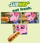 absurd_res anthro arch3y collar comic fast_food food fur hi_res humor licking male meme mrpawpaw pink_body pink_fur sandwich_(food) sandwich_in_mouth solo spots tongue yellow_eyes