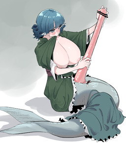 animal_genitalia animal_penis asian_clothing big_breasts big_penis blue_eyes blue_fingernails blue_hair blue_nails breasts censor_bar clothing colored_nails crossgender drill_curls east_asian_clothing erection fingernails ftg_crossgender fti_crossgender genital_slit genitals green_clothing green_kimono gynomorph hair hand_on_own_penis hand_on_penis huge_breasts huge_penis hyper hyper_genitalia hyper_penis ineffective_censorship intersex japanese_clothing kimono long_penis masturbation nails nipples penile penile_masturbation penis solo split_form two-handed_masturbation very_long_penis frogsnake2000 touhou wakasagihime aquatic humanoid_merfolk merfolk censored