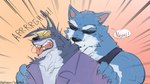 anthro bite clothing duo eyewear male male/male neck_bite simple_background sunglasses wulfer-shepherd dislyte lilith_games freddy_(dislyte) sander_(dislyte) anubian_jackal canid canine canis jackal mammal wolf hi_res