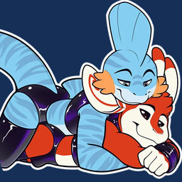 antennae_(anatomy) anthro biped blue_body brown_eyes bulge closed_smile clothing dipstick_antennae duo eyebrows fur grey_eyes humanoid_hands latex latex_clothing lying male male/male male_on_top mouth_closed multicolored_antennae multicolored_body multicolored_fur on_front on_top outline pink_nose red_body red_fur simple_background smile stripes tail telegram_sticker transparent_background two_tone_body two_tone_fur white_body white_fur white_outline shiuk disney lilo_and_stitch nintendo pokemon fan_character ferlo kippy_the_sharkip alien aquatic experiment_(lilo_and_stitch) fish generation_3_pokemon hybrid mudkip pokemon_(species) shark 1:1 alpha_channel digital_drawing_(artwork) digital_media_(artwork)