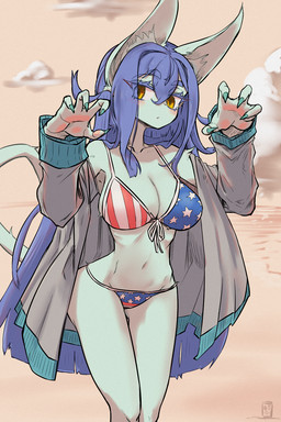 amber_eyes american_flag_bikini anthro arm_tuft bikini bikini_bottom bikini_top biped blush blush_lines claw_pose claws clothed clothing cloud female flag_bikini fully_clothed fur green_body green_fur hair long_ears long_hair looking_at_viewer outside purple_hair ribs shoulder_tuft skinny solo standing swimwear teal_claws thigh_gap tuft two-piece_swimsuit amboyna annabelle_(amboyna) felid feline mammal 2021 2:3 hi_res