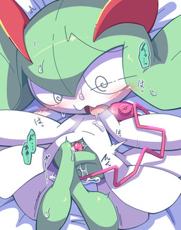 blush bodily_fluids chibi egg_vibrator female genital_fluids green_body looking_pleasured open_mouth sex_toy solo thigh_gap thin_calves thin_legs thin_thighs vaginal_fluids vibrator young nettsuu nintendo pokemon generation_3_pokemon humanoid kirlia pokemon_(species) hi_res