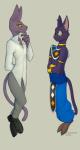 alternate_costume anthro biped bottomwear clothed clothing clothing_swap duo eye_contact floating footwear fully_clothed looking_at_another male pants shirt shoes simple_background smile topwear togaed dragon_ball dragon_ball_super morenatsu beerus shin_(morenatsu) felid mammal 2018 absurd_res crossover digital_media_(artwork) hi_res