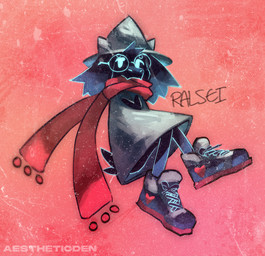 anthro black_body black_clothing black_footwear clothed clothing eyewear footwear fur glasses hat headgear headwear multicolored_clothing multicolored_footwear red_clothing red_footwear red_scarf round_glasses scarf solo text wizard_hat aestheticden deltarune undertale_(series) ralsei bovid caprine darkner goat mammal 2022 artist_name character_name hi_res