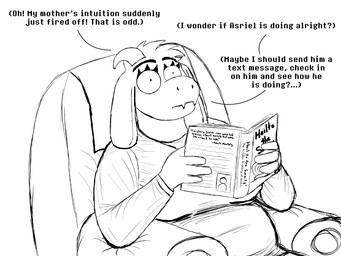 anthro armchair chair female furniture on_chair overweight overweight_anthro overweight_female reading sitting sitting_on_chair solo text thinking komododad deltarune undertale_(series) chairiel toriel boss_monster_(undertale) bovid caprine goat mammal 2026 4:3 black_and_white comic english_text hi_res monochrome