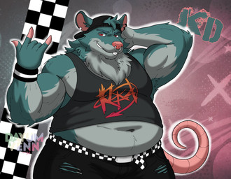 anthro belly big_belly bottomwear clothing facial_piercing hat headgear headwear male navel nose_piercing nose_ring overweight overweight_male pants piercing ring_piercing shirt solo topwear dayumvenn epic_games fortnite kd_rattical_(fortnite) mammal murid murine rat rodent 2026 hi_res