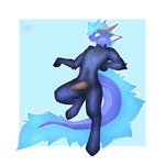 anthro arm_tuft big_tail blue_body blue_fur blue_hair cheek_tuft clothed clothing elbow_tuft facial_tuft fluffy full_body_stockings full_body_suit fully_clothed fur genitals glistening glistening_body glistening_clothing hair happy horn huge_tail inner_ear_fluff legwear male navel orange_eyes pantyhose penis penis_through_clothing solo stockings tail tuft kyaro mythology zertyz_(character) dragon furred_dragon furred_scalie mythological_creature mythological_scalie scalie hi_res