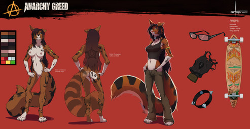 4_toes anthro armband barefoot big_fangs big_tail biped black_nose bottomwear bracelet breasts brown_body brown_clothing brown_fur brown_hair brown_shirt brown_topwear butt butt_markings claws clothing collar color_swatch crop_top ear_piercing eyewear fangs feet female fluffy fluffy_tail footprint front_view fur gas_mask genitals glasses hair hand_in_pocket hand_on_hip hand_on_leg hand_on_thigh hands_in_both_pockets hands_on_hips heterochromia jewelry leg_markings long_hair longboard looking_at_viewer markings mask multicolored_body multicolored_fur naughty_face navel nipples nude occult_symbol pants pawprint pawprint_(marking) paws pentacle pentagram piercing pockets pose red_background red_eyes sabertooth_(anatomy) shirt side_boob simple_background skateboard socks_(marking) solo spiked_collar spikes symbol tail tank_top tattoo teeth toes topwear two_tone_body two_tone_fur vehicle vulva white_eyes stoopix anarchy_greed canid mammal vampire 2012 digital_media_(artwork) full-length_portrait hi_res model_sheet portrait
