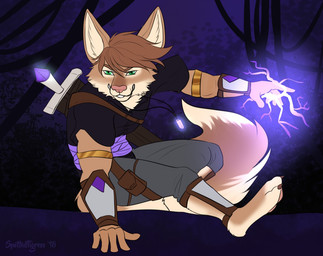 5_fingers anthro biped black_bottomwear black_clothing black_pants bottomwear brown_body brown_fur brown_hair cheek_tuft claws clothed clothing facial_tuft feet fingers fur green_eyes grey_bottomwear grey_clothing grey_pants hair hindpaw magic_user male male_anthro narrowed_eyes pants pawpads paws pink_pawpads short_hair solo tan_body tan_fur toe_claws tuft tiggybloom canid mammal 2018 dated signature