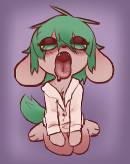 anthro big_ears blush blush_lines bodily_fluids bottomless clothed clothing collared_shirt dress_shirt drooling eyeshadow feet female fluffy fluffy_tail front_view fur green_eyes green_hair green_tail hair kneeling makeup mouth_shot open_mouth paws pink_body pink_fur presenting_mouth saliva shirt simple_background sitting solo tail teeth tongue tongue_out topwear topwear_only wet_tongue wide_mouth marpypawz strawby_(marpystar) canid canine canis domestic_dog hybrid lagomorph leporid mammal rabbit absurd_res hi_res trans_(lore)