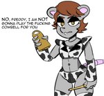 animal_print anthro brown_hair buckteeth cow_print cowbell dialogue femboy hair machine male narrowed_eyes profanity simple_background solo standing teeth text dunnhier1 third-party_edit five_nights_at_freddy's five_nights_at_freddy's:_security_breach scottgames steel_wool_studios gregory_(fnaf) animatronic mammal mouse murid murine robot rodent 2022 colored english_text