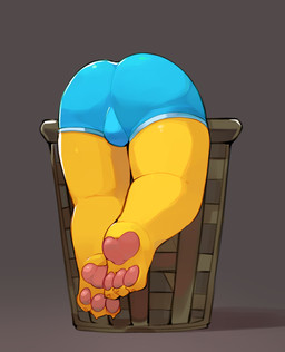 3_toes anthro big_butt biped blue_clothing blue_underwear bulge bulge_from_behind butt claws clothed clothed_anthro clothed_male clothing feet fur glistening glistening_clothing glistening_underwear grey_background laundry_basket male male_anthro pawpads pink_pawpads simple_background solo stuck toe_claws toes underwear underwear_only yellow_body yellow_fur young young_anthro young_male smite_(artist) league_of_legends riot_games tencent smite_(character) mammal yordle 2024 digital_media_(artwork) hi_res adult_(lore)