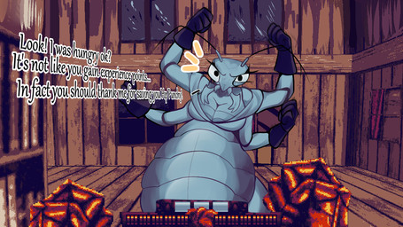 4_arms after_vore antennae_(anatomy) anthro belly big_belly breasts clothing duo female first_person_view gameplay_mechanics gloves gui handwear health_bar hud mandibles multi_arm multi_limb pov_hands text vore ophiuco fight_knight fight_knight_(character) june_(fight_knight) arthropod humanoid insect mantis