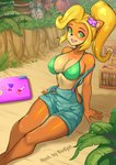 5_fingers accessory anthro bikini bikini_top blonde_hair breasts clothed clothing computer crate electronics eyelashes female fingers flower flower_in_hair green_eyes hair hair_accessory laptop long_hair looking_at_viewer open_mouth open_smile overalls plant smile solo swimwear two-piece_swimsuit redjet00 activision crash_bandicoot_(series) coco_bandicoot bandicoot mammal marsupial 2020