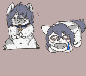 bodily_fluids collar crying dot_eyes feral grey_body grey_hair hair male multicolored_body nipples pink_background pink_sclera pleading_eyes quadruped simple_background simple_eyes sitting solo spots standing tears teats two_tone_body white_body dogboy1828 fluffy_pony toby_(dogboy1828) fluffy_pony_(species) mammal absurd_res guide_lines hi_res