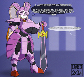 anthro armor big_breasts big_ears black_bodysuit black_clothing black_skinsuit bodysuit boots breasts clothed clothing cotton_tail covered_eyes dialogue dipstick_ears ear_markings eye_scar facial_scar female floppy_ears footwear fur hand_on_hip headgear helmet high_heeled_boots high_heels holding_melee_weapon holding_object holding_sword holding_weapon huge_breasts knight long_ears lop_ears melee_weapon multicolored_ears open_mouth orange_body orange_fur purple_armor purple_background scar shoes simple_background skinsuit solo speech_bubble sword tan_body tan_fur text tight_clothing under_boob warrior weapon white_body white_fur mklancer00 sega sonic_the_hedgehog_(series) vanilla_the_rabbit lagomorph leporid mammal rabbit english_text hi_res
