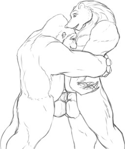 5_fingers animal_genitalia anthro balls balls_touching big_balls biped claws duo finger_claws fingernails fingers flaccid foreskin fur genitals genitals_touching glans hair handpaw hug hugging_another humanoid_genitalia humanoid_penis looking_at_another male male/male male_anthro mane mane_hair nails nude open_mouth overweight overweight_anthro overweight_male paws penis rubbing_penis sharp_teeth sheath sheath_slit short_ears short_fur side_view slightly_chubby slightly_chubby_anthro slightly_chubby_male small_ears smile snout standing tall teeth tight_hug ursine_ears sephrendemon gorillajack kuruk_(character) ape bear brown_bear gorilla grizzly_bear haplorhine mammal primate ursidae ursine 2026 absurd_res digital_drawing_(artwork) digital_media_(artwork) hi_res monochrome sketch