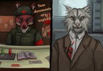 anthro clothed clothing duo dynamite explosives female fur humor male passport smile stamp text topwear anon2000000 papers_please canid canine felid feline fox lynx mammal comic digital_media_(artwork) digital_painting_(artwork) english_text painting_(artwork)