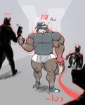 anthro attribute_theft baseball_cap big_muscles bottomwear bulge clothing evil_grin group growth hat headgear headwear huge_muscles male muscle_growth muscular muscular_male nipple_outline pecs shirt shorts size_theft smile thick_thighs topwear kajy mammal procyonid raccoon absurd_res hi_res