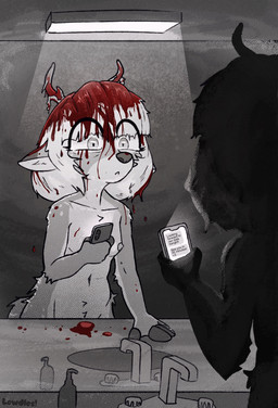 anthro antlers areola bathroom bathroom_sink blood blood_drip blood_on_ear blood_on_face blood_on_hair blood_on_self bodily_fluids breasts cellphone constricted_pupils countershade_face countershade_fur countershade_torso countershading dripping electronics eye_through_hair eyelashes eyelashes_through_hair faucet female female_anthro fingerless_(marking) frown fur fur_tuft gore hair holding_object holding_phone horn looking_at_mirror looking_at_object markings messy mirror nipples nude nude_anthro nude_female phone pupils shedding_velvet small_breasts small_pupils smartphone snout soap_dispenser solo spots spotted_body spotted_fur tail teary_eyes text texting translucent translucent_hair tuft lewdles kello_(lewdles) deer mammal new_world_deer white-tailed_deer 2025 english_description english_text hi_res signature spot_color nonbinary_(lore) trans_(lore)