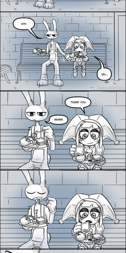 annoyed anthro bench blank_stare clothing eating female food fool's_hat hat headgear headwear jester male open_mouth plate sitting smile speech_bubble standing text wall_(structure) absolutedream glitch_productions the_amazing_digital_circus jax_(tadc) pomni_(tadc) human lagomorph leporid mammal rabbit absurd_res comic english_text hi_res long_image tall_image