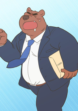 anthro blush bodily_fluids bottomwear brown_body clothing eyes_closed humanoid_hands kemono male necktie overweight overweight_male pants shirt simple_background solo sweat topwear kick_(artist) bear mammal 2015