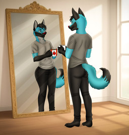 anthro athletic beverage big_butt black_body black_ears black_fur black_hair blue_body blue_fur butt canada canadian_flag cheek_tuft clothing coffee coffee_mug facial_tuft fluffy fluffy_ears fluffy_tail fur fuzzy grey_eyes hair huge_butt looking_at_self male mirror mohawk muscular muscular_anthro muscular_male muscular_thighs nails rear_view red_nose solo standing tail toned_body toned_male tuft white_body white_fur nitasha_morgan nicolas_delgado canid canine canis coyote domestic_dog fox german_shepherd herding_dog husky hybrid mammal maned_wolf nordic_sled_dog pastoral_dog spitz hi_res